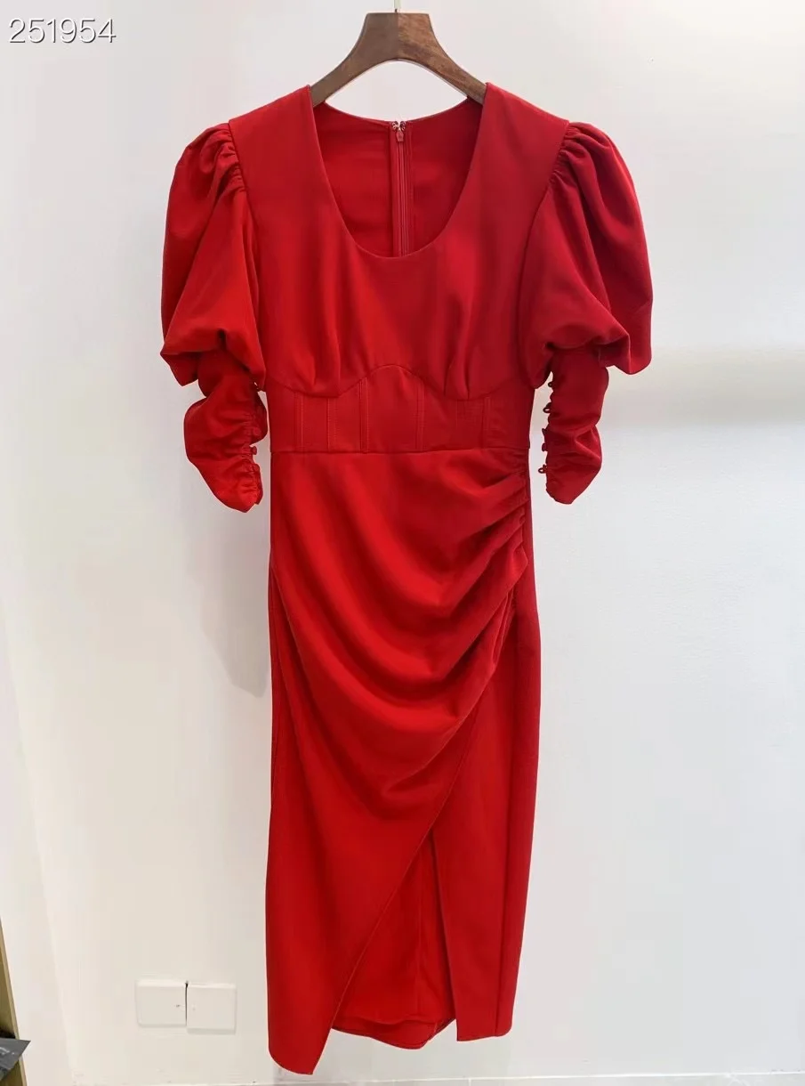 

Runway Fashion 2022 Spring Summer Vintage Long Dress Women Half Sleeve Red Solid Hot Sale Split Dresses