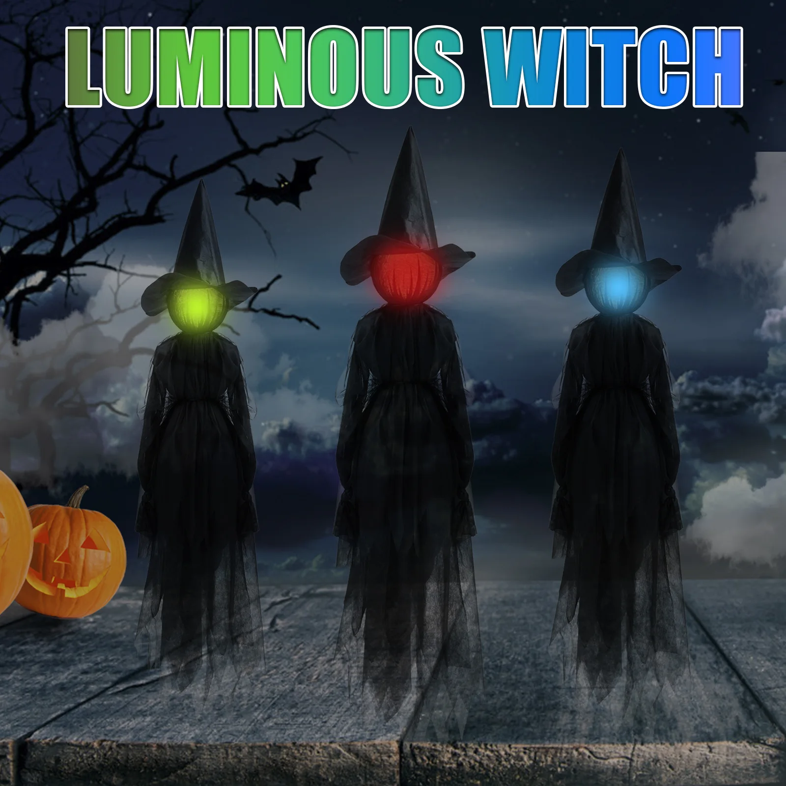 

Halloween Decoration Three Witches in Hand Decoration 7-Color Lighting Scene Ghost Atmosphere Props Garden Decoration XR-Hot