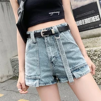 summer loose solid slim wide leg sashes button korean fashion short for women clothing 2021 all match denim short jeans feminino