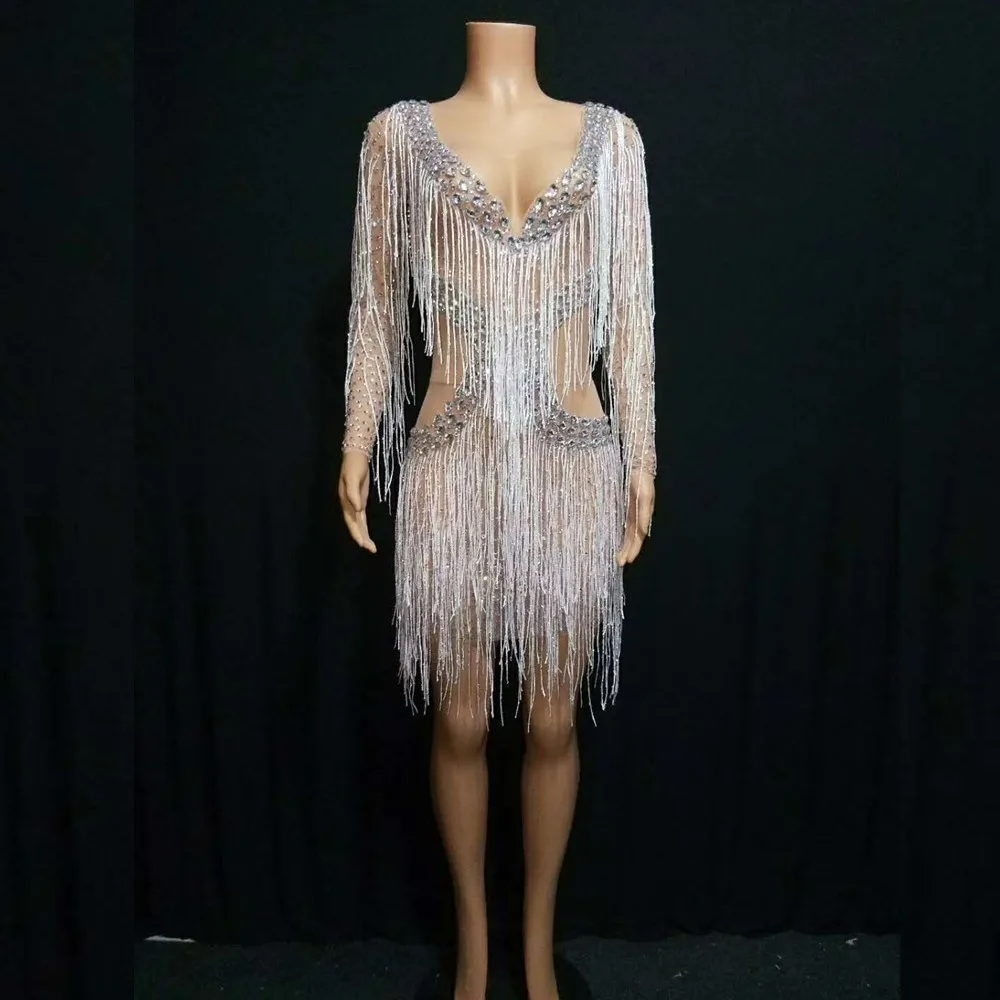 

See Through Rhinestone Tassel Dress Mesh Perspective Evening Party Dress Women Sexy Singer Dancer Stage Crystal Fringes Dress