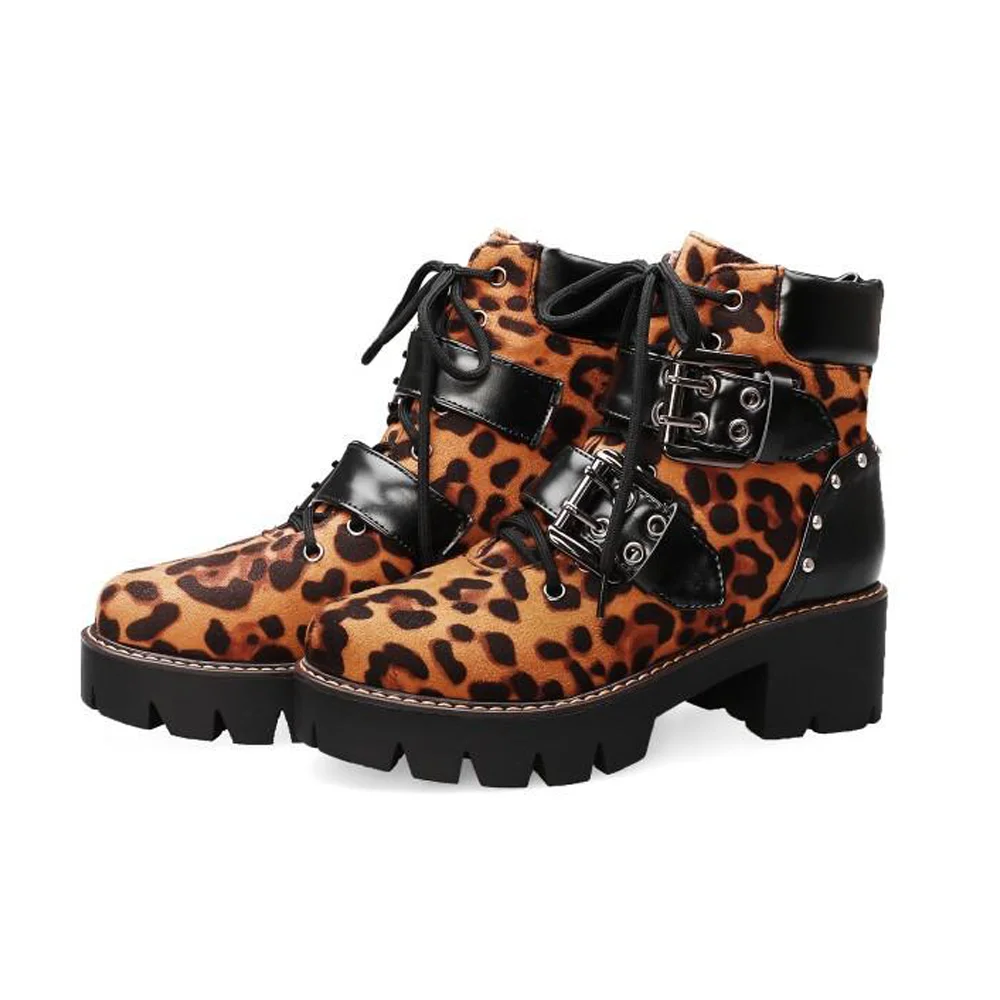 

Women Leopard Martin Boots Round Toe Leather Shoes
