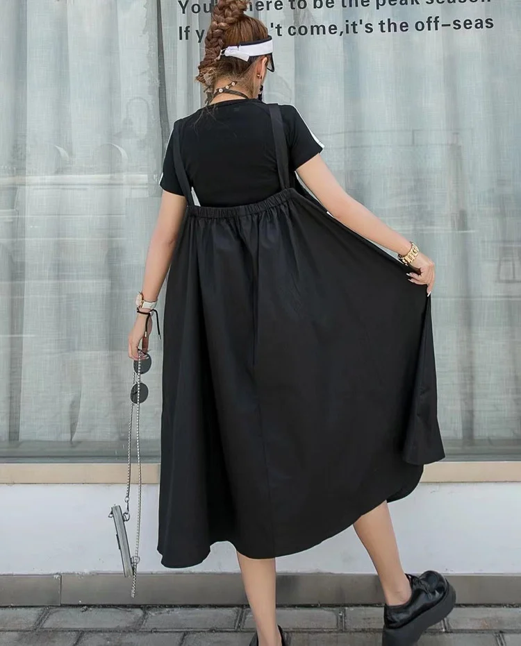 

QING MO 2021 Summer New Women Dress Printed High Waist Sling Dress Loose And Thin Sleeveless Women Vest Dress Black ZWL049