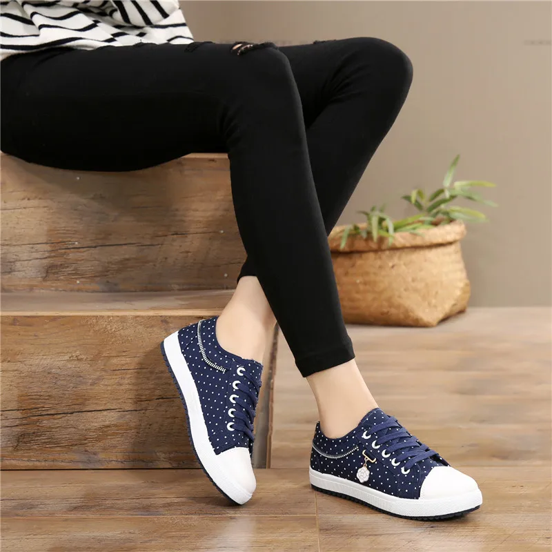 Кеды женские в горошек Вулканизированная плоская подошва джинсовые кроссовки на