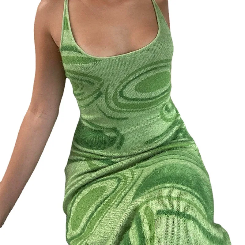 

New 2021 women's personalized design vortex knitted tie dyed suspender Hip Wrap Dress