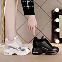 womens casual female sneakers 2021 autumn wedges rubber sabot vulcanize shoes black lace up pu leather high platform sports