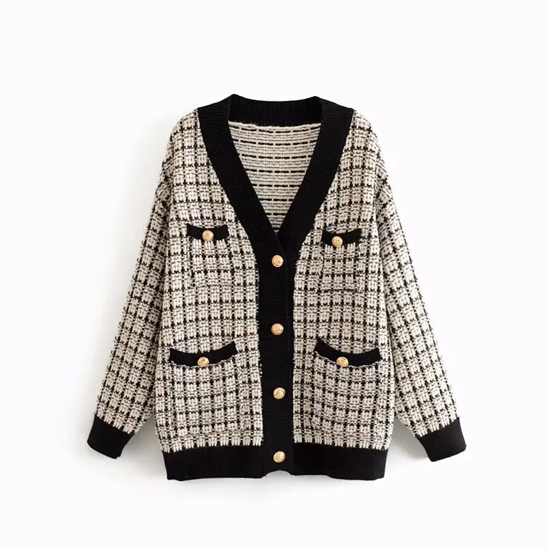 Женский свитер 2019 новый осенний длинный рукав пуговица карман Плед толстый