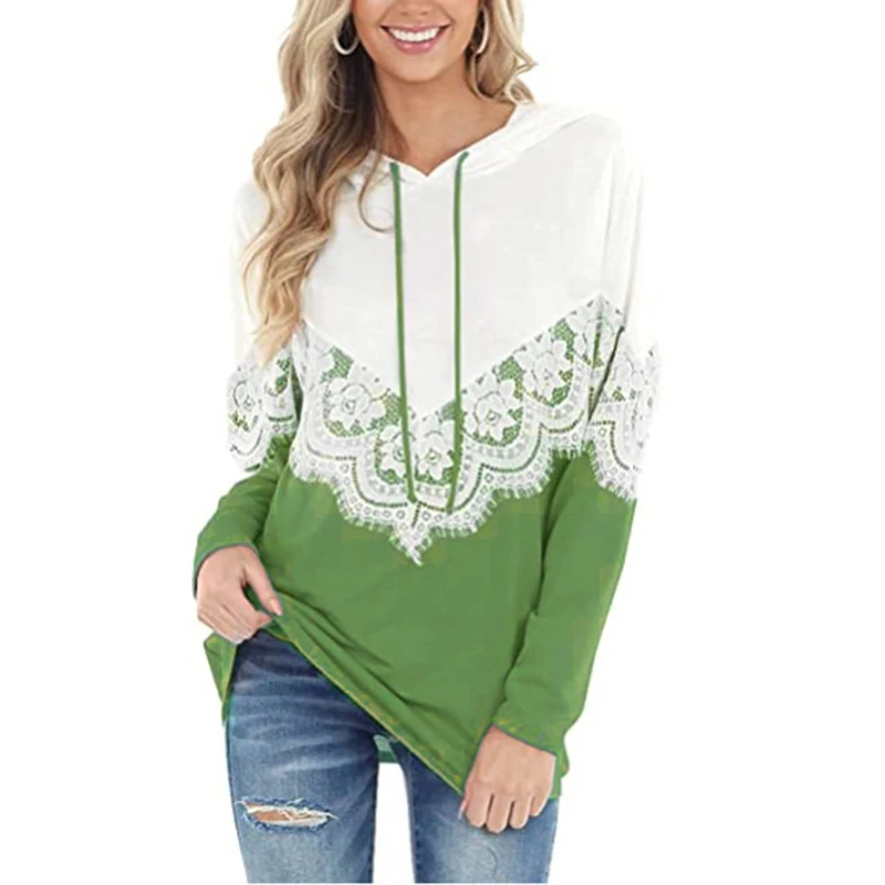 Lace Patchwork Hoodie Women Solid Full Sleeve Casual Hooded Pullovers Women 2022 Spring Blue Green Sweatshirts Female LD2465
