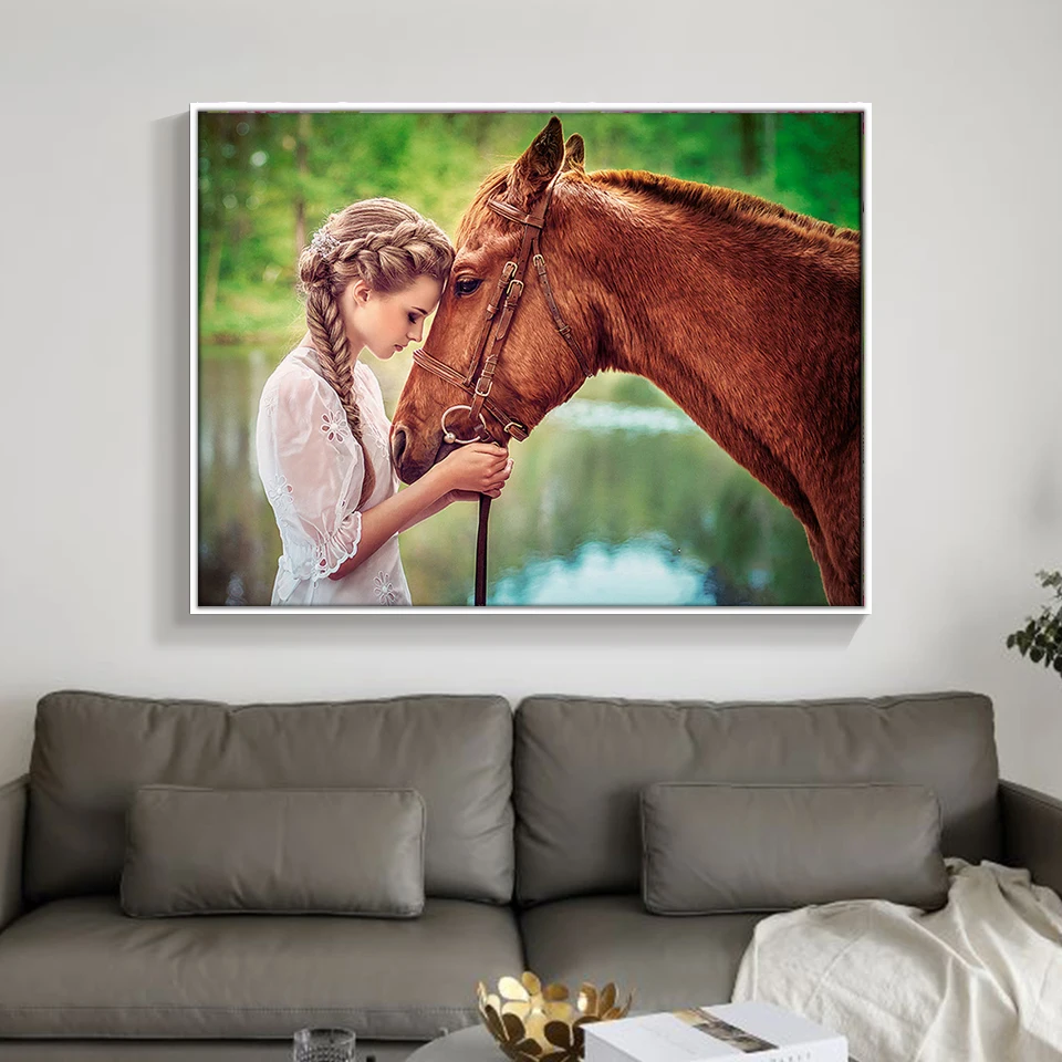 Полноразмерная 5D алмазная живопись сделай сам Лошадь и девушка 3D круглая Декор