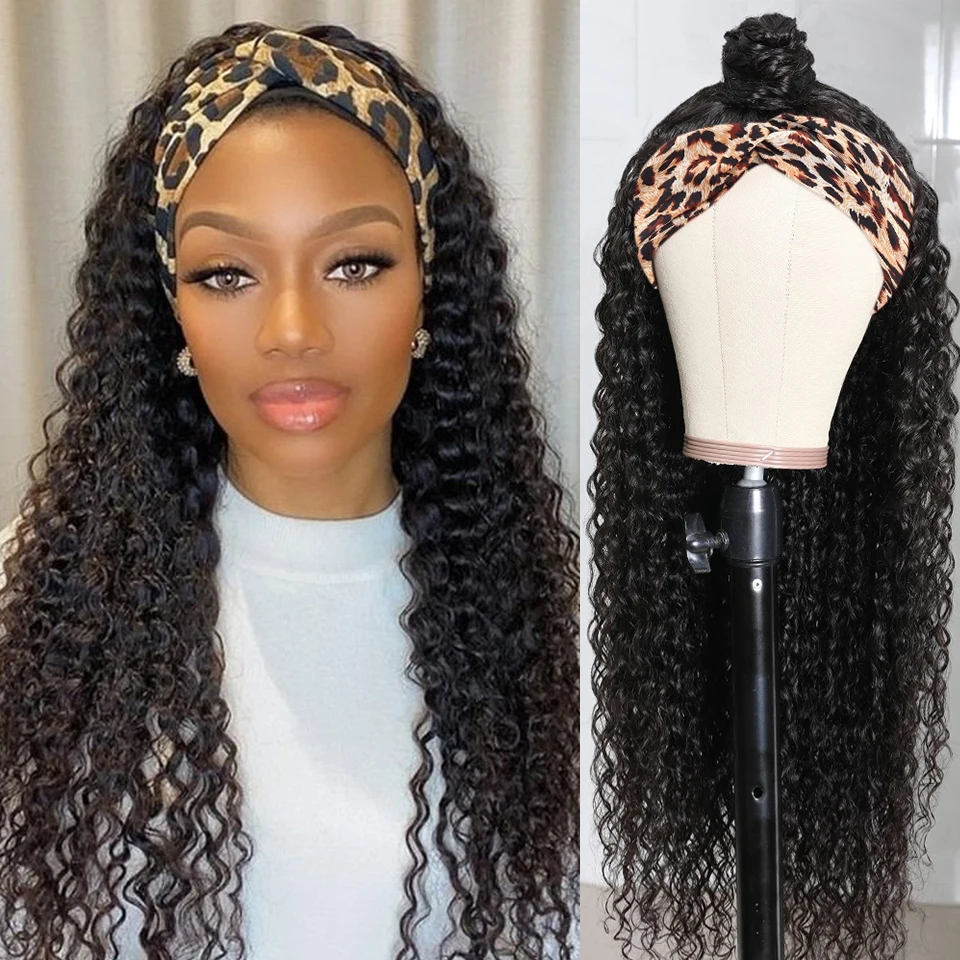 Headband Wig Human Hair Kinky Curly Brazilian 40 in Deep Wave Glueless Wigs For Women Remy Full Machine Made Fast Delivery | Шиньоны и