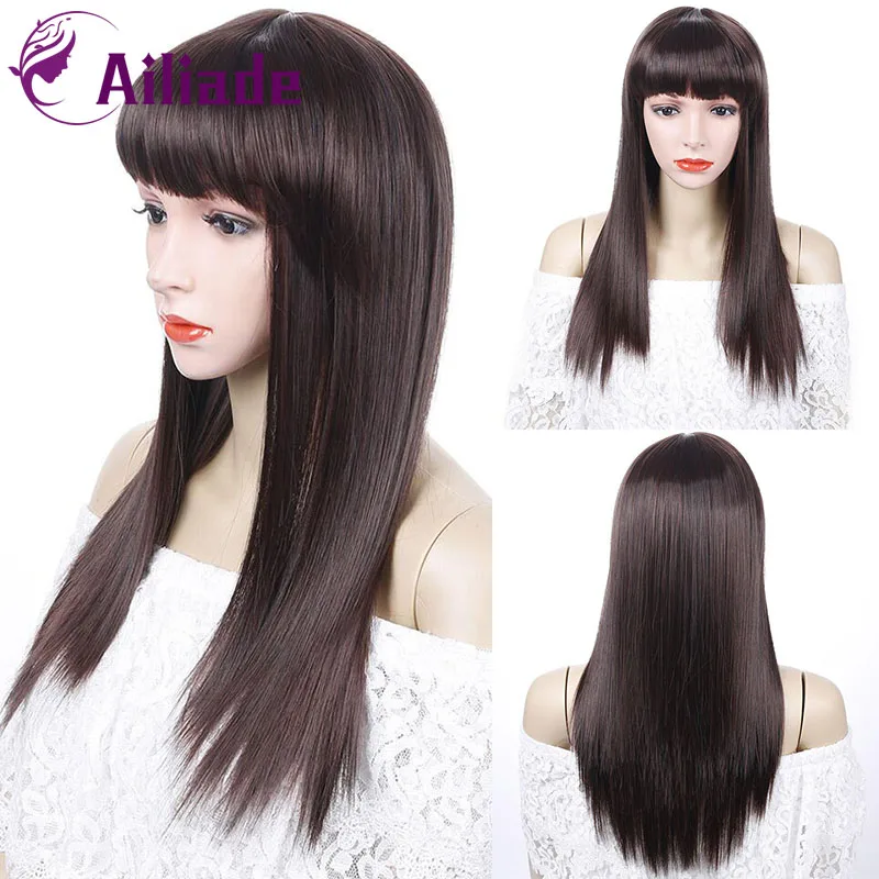 AILIADE 25CM Synthetic Long Straight Natural Hair Wigs With Bangs Womens African American Dark Brown Clearance Sale | Шиньоны и парики