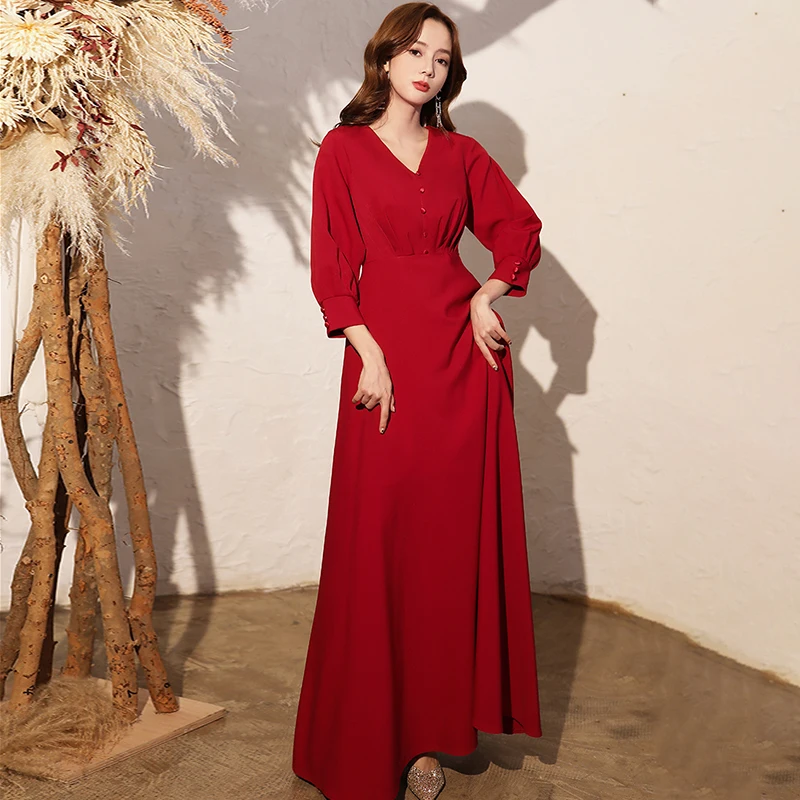 

New Simple Button V-Neck Evening Dress Full Sleeves Zipper Back Fashion Ankle-Length A-Line Plus Size Women Formal Gowns D678