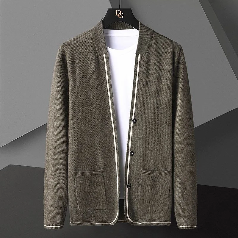 Korean Khaki Black Gray Big Size Jacket 2021 Solid Color Cardigan Jacket Men Knit Casual Loose Splicing Line Cardigan Coat Men