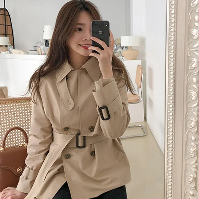 Женский двубортный Тренч Mozuleva свободная короткая верхняя одежда с поясом зимняя