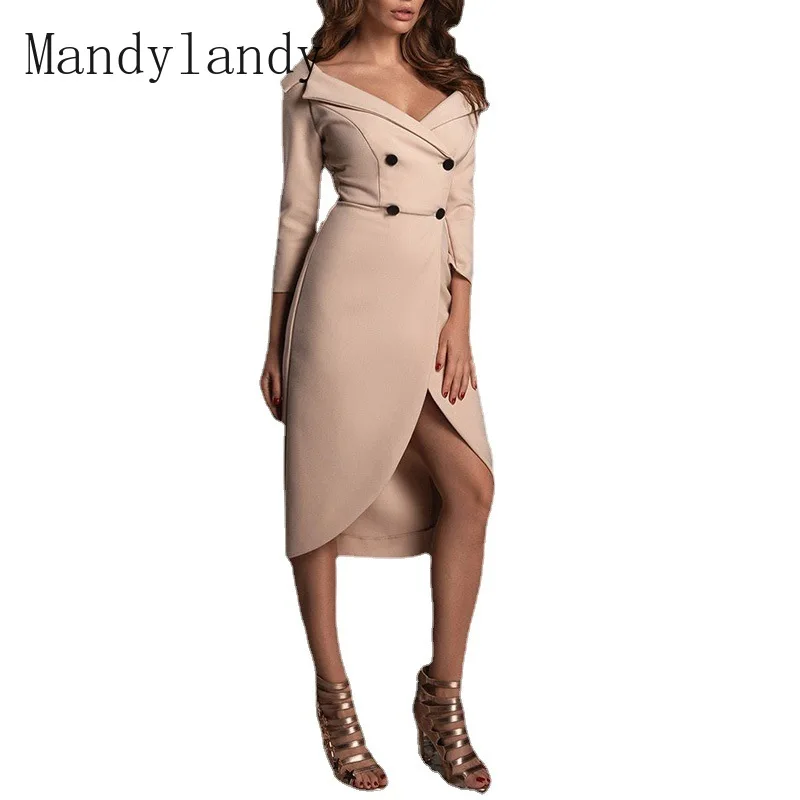 

Mandylandy Dress Autumn Long Sleeve Off-Shoulder V-neck Irregular Dress Women's Casual Solid Color Double Breasted Slit Dress