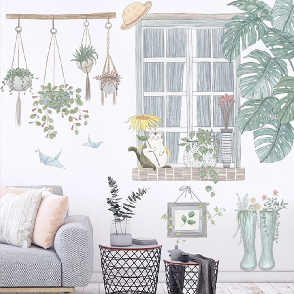 Настенные стикеры в скандинавском стиле с зелеными листьями для спальни