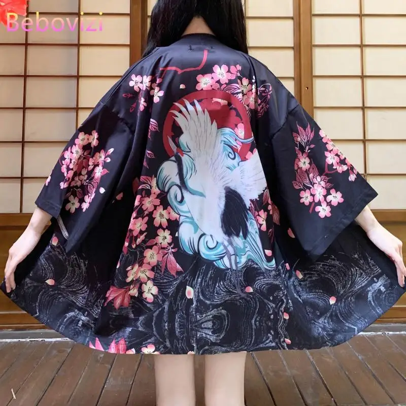 

White Black Loose Beach Cardigan Asian Fashion Women Crane Harajuku Japanese Anime Kimono Cosplay Tops Blouse Yukata Clothing