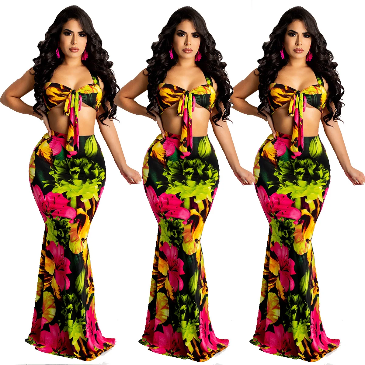 

Chiclover летняя одежда для женщин оптом товары цветочный принт на шнуровке сексуальный комплект из двух частей корсет на бретелях и макси юбки ...