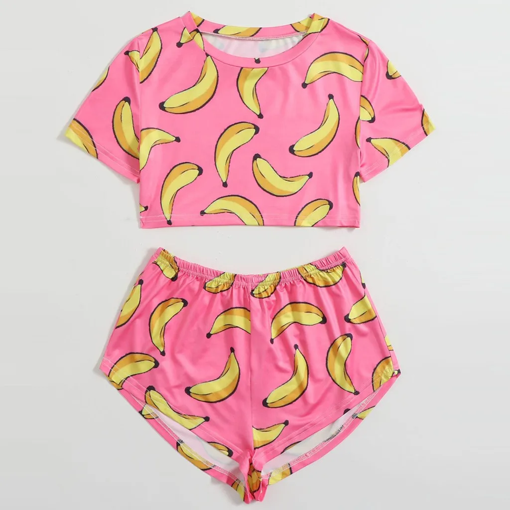 2020 Summer Women Set Crop Tops + Shorts Women's Fruit Flower Printed Home Clothing Ladies Casual Cotton Two Piece #3 |