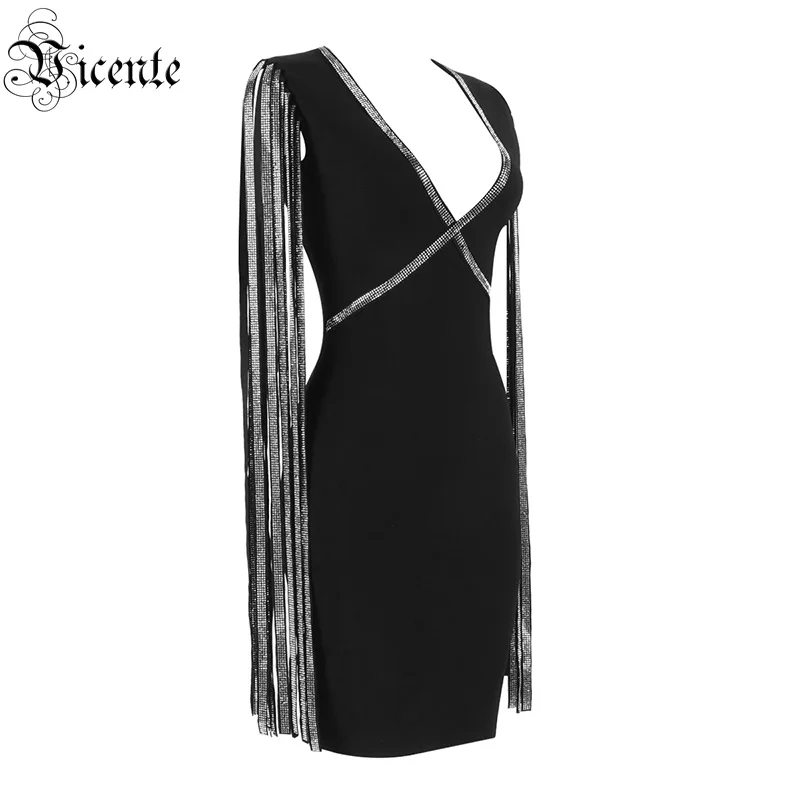 VC Бесплатная доставка 2020 женское черное платье с бусинами и кисточками на