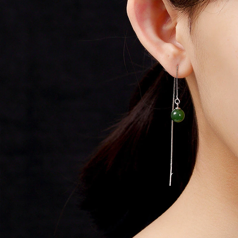 

Jade earrings 925 silver long earings line earings for women jewelry Emerald Pure Silver Antique Jasper Green jade