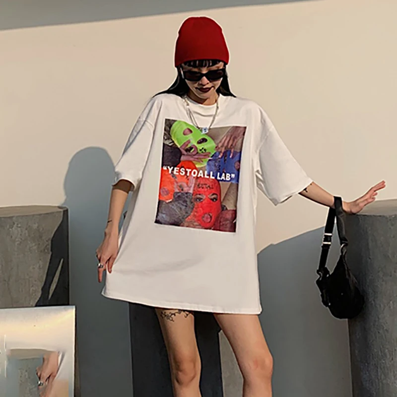 

SHENGPALAE Character Printed Tops Womne's Summer 2021 New Round Neck Large Size Thin Short Sleeve Black T-shirt Female 5C828