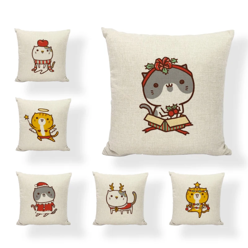Cartoon Cute Christmas Cat Sofa Pillowcase Stockings Set Decorative Printing Linen Pillow Cushion Cover |