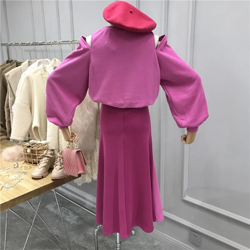 Свитер с открытыми плечами и юбка Русалка повседневные однотонные топы