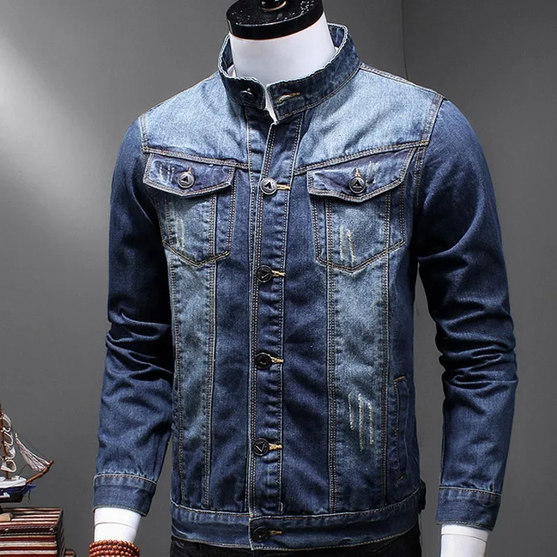 Классическая мужская Потертая джинсовая куртка с воротником-стойкой в стиле