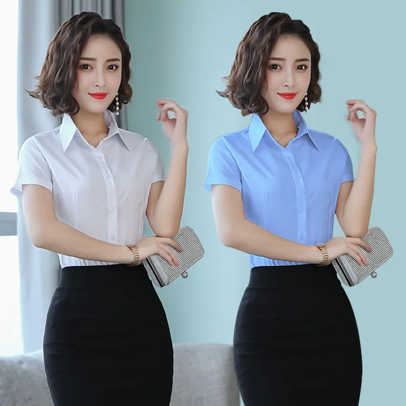

5xl Casual Short Sleeve Solid Work Shirts Women Plus Size Tops Summer Turn-down Collar Slim Chiffon Blouse Fashion Ladies Blouse