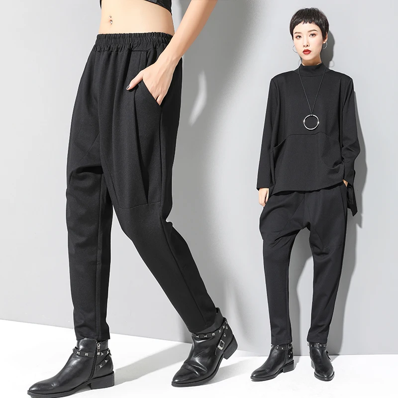 

2020 New Autumn Winter Women Casual Black Harem Pants Elastic Waist Female Loose Pant Stretch Fashion Trousers Streetwear WP113
