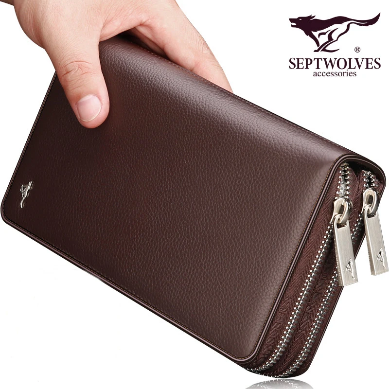 Septwolves fashion luxury brand men bag genuine leather handbag large capacity double zipper business men clutch bags