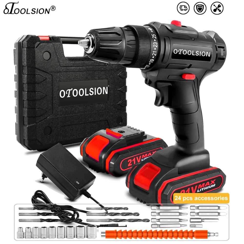 OTOOSLION 21V Wireless Cordless Drill Screwdriver Tools Electric Drill Lithium Battery Hand Drill With Tool Box Dual Speed