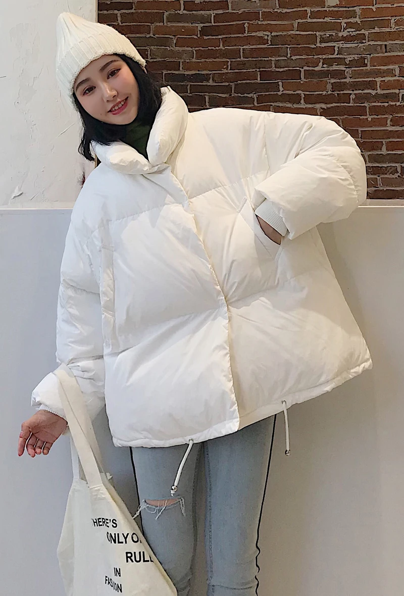 Корейский стиль 2019 зимняя куртка женская стоячий воротник однотонная черная