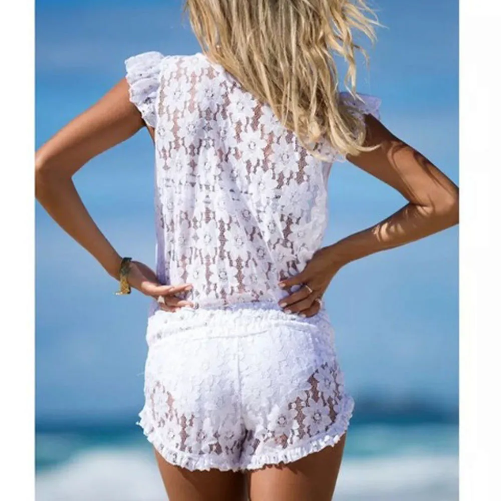 Кружевной Мини комбинезон для женщин с глубоким v образным вырезом Кружевное