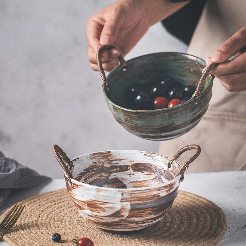 Handmade Coarse Pottery Bowls, Japanese Food Containers, Fruit Bowls and Soup Bowls, Vintage Braided Creative Tableware.