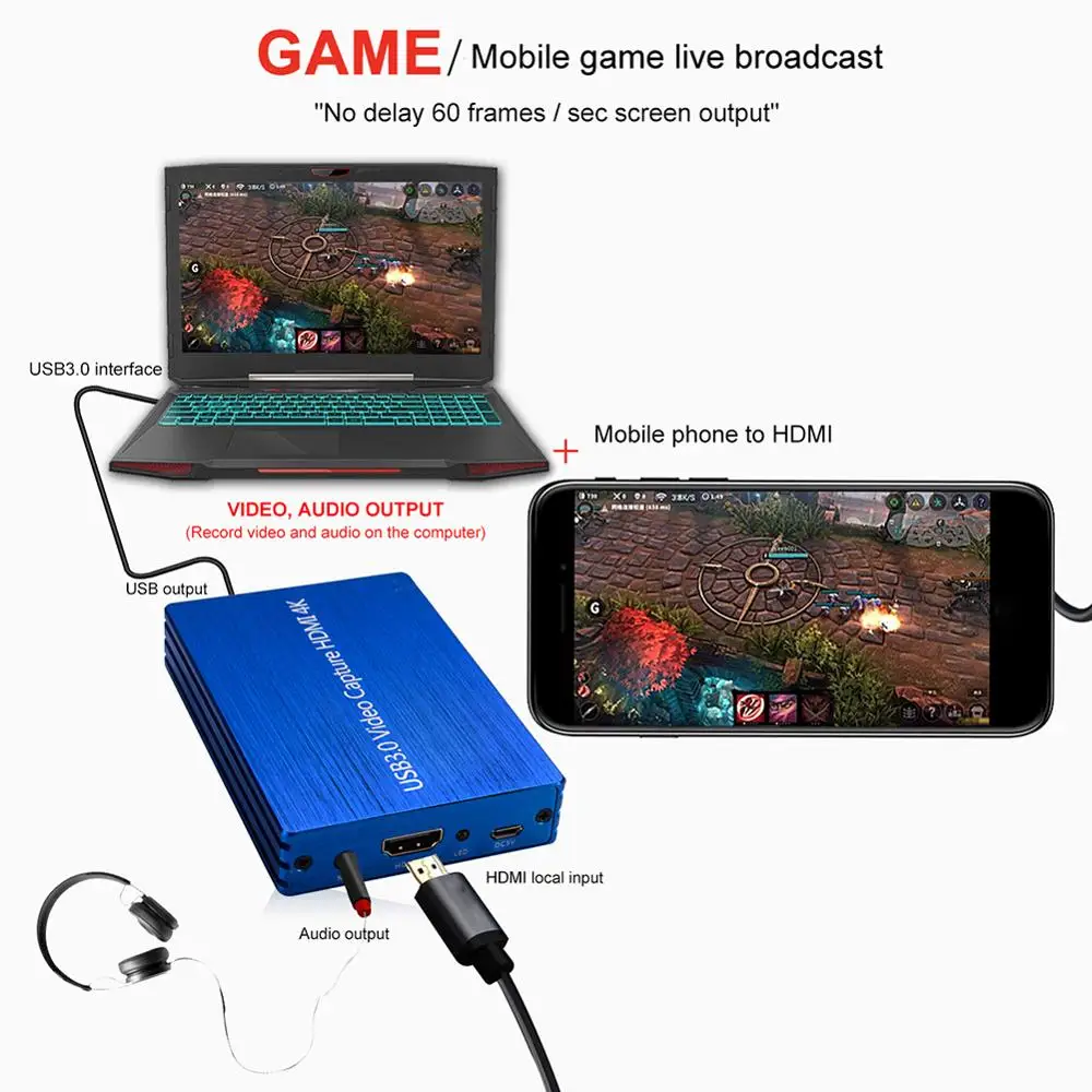 

4K 60fps USB3.0 to HDMI-compatible Game Capture Card Grabber HD Video Recording Capture Recorder for OBS Game Live Broadcast