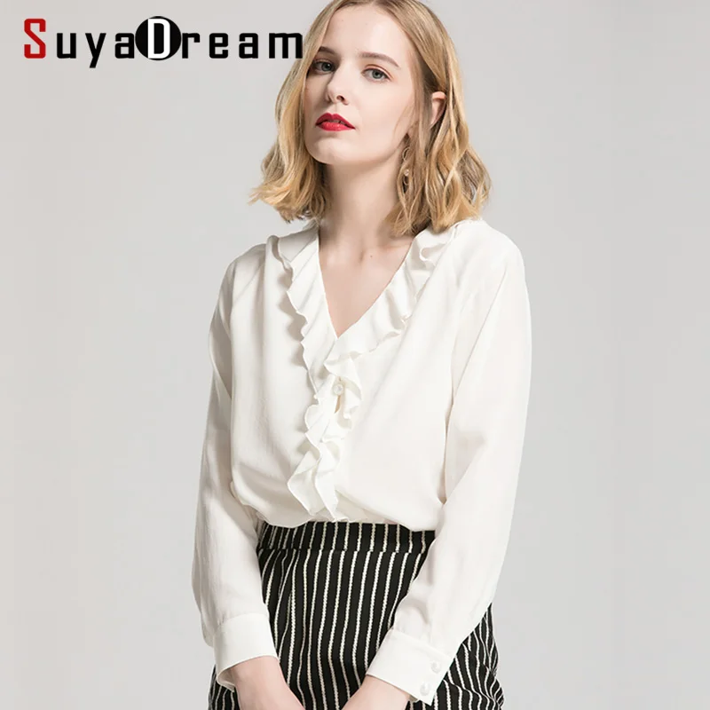 Women Silk Blouse 100% REAL SILK chiffon White long sleeved blouse shirt Blusas femininas 2019 Spring