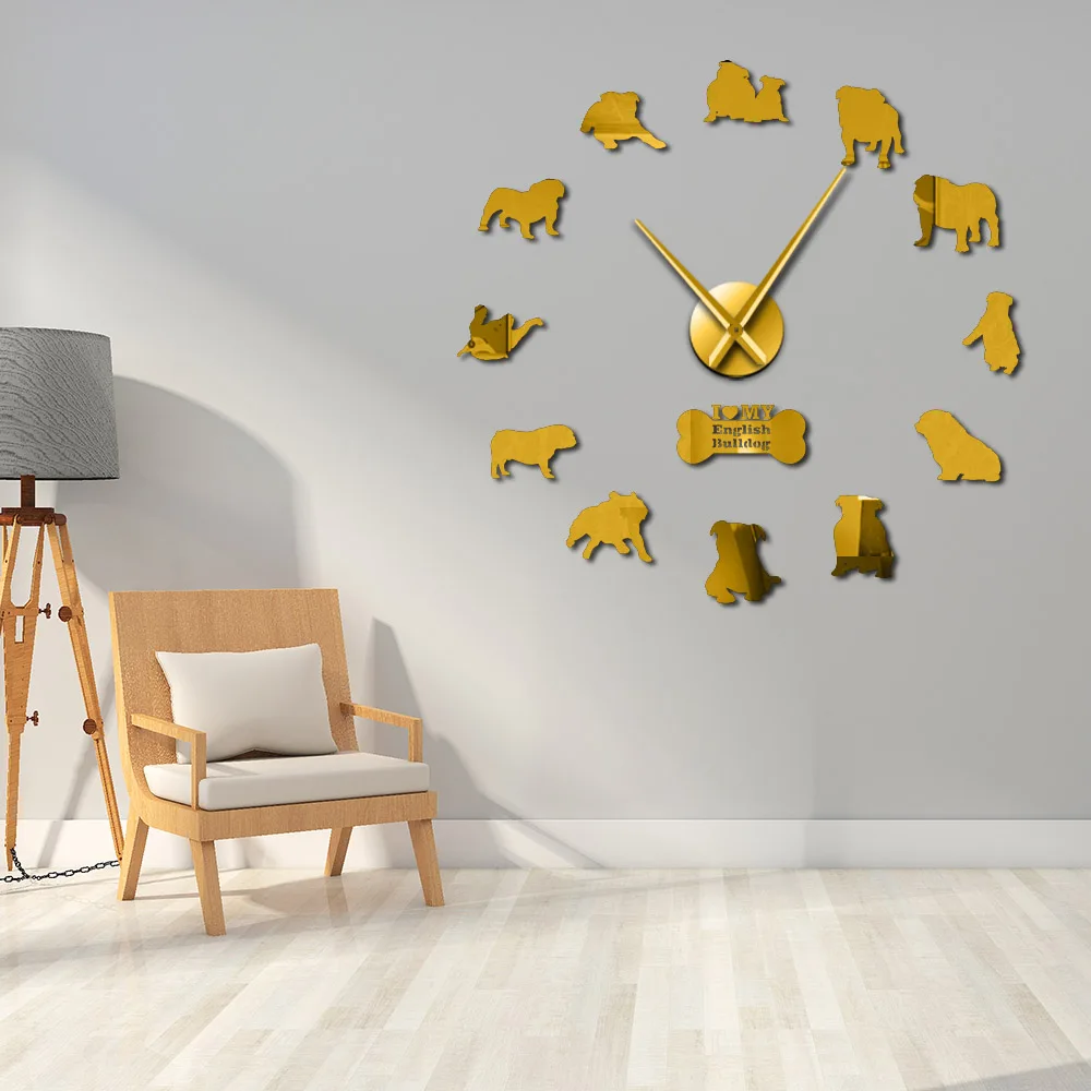 

English Bulldog Contemporary 3D DIY Wall Clock With Cute Bone British Bulldog Dog Breeds Pet Shop Mirrors Surface Clock Watch