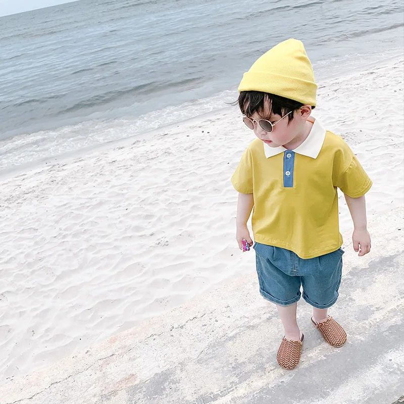 Baby boys cotton turn-down collar short sleeve T shirts Summer fashion contrast color pullovers |
