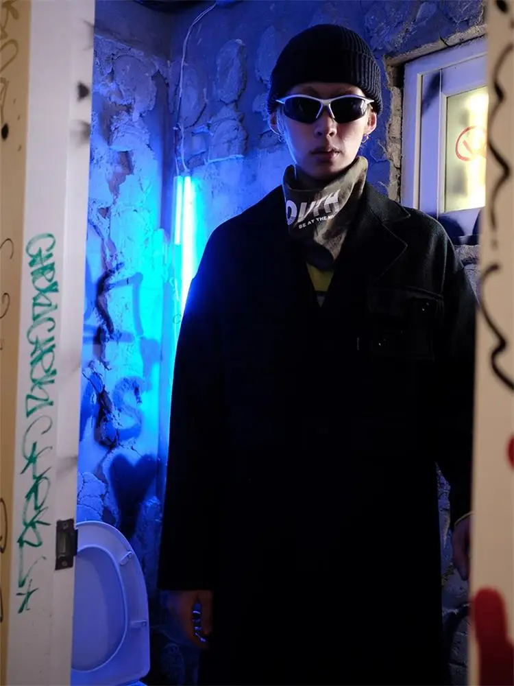 Men's woolen coat autumn and winter mid-length black stitching | Мужская одежда