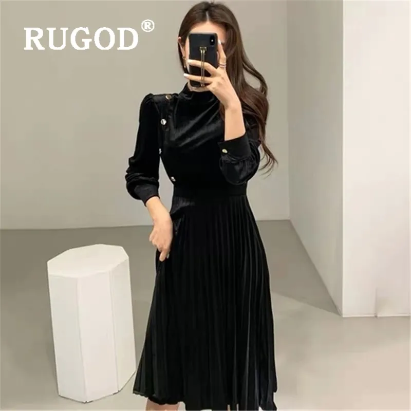 Женское плиссированное платье RUGOD длинное бархатное с завышенной талией в