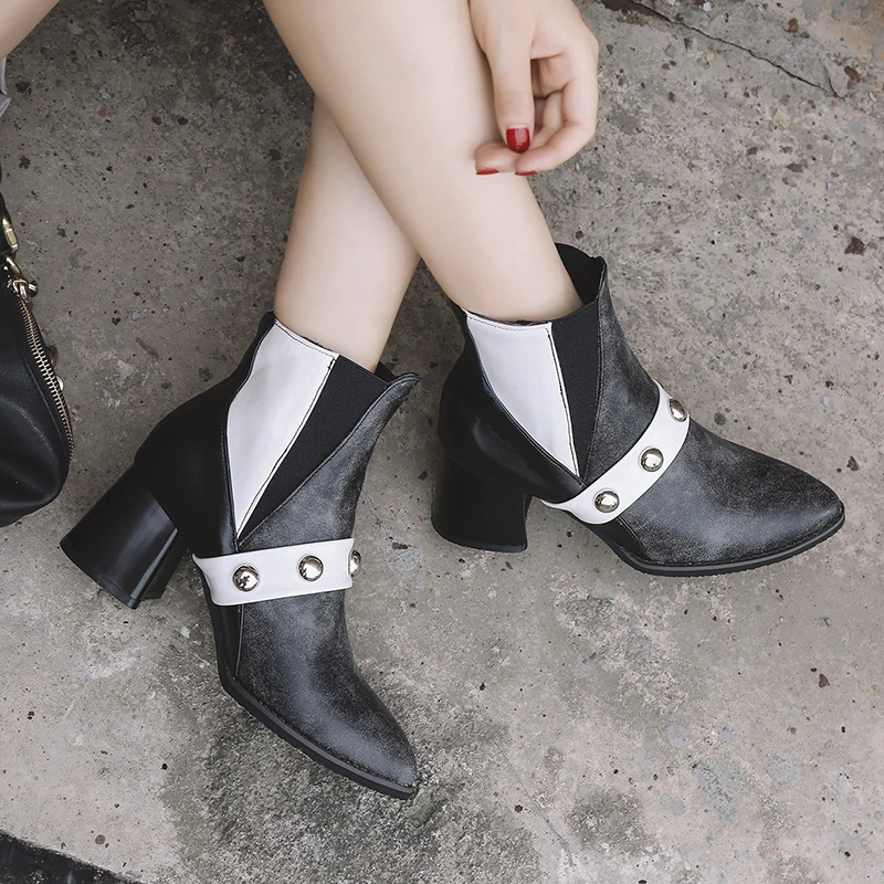 British fashion punk color block thick heel rivet short boots large 44 45 46 47 48 casual Martin | Обувь