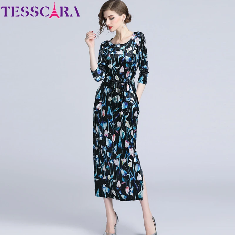 Женское бархатное платье TESSCARA элегантное дизайнерское длинное с цветочным