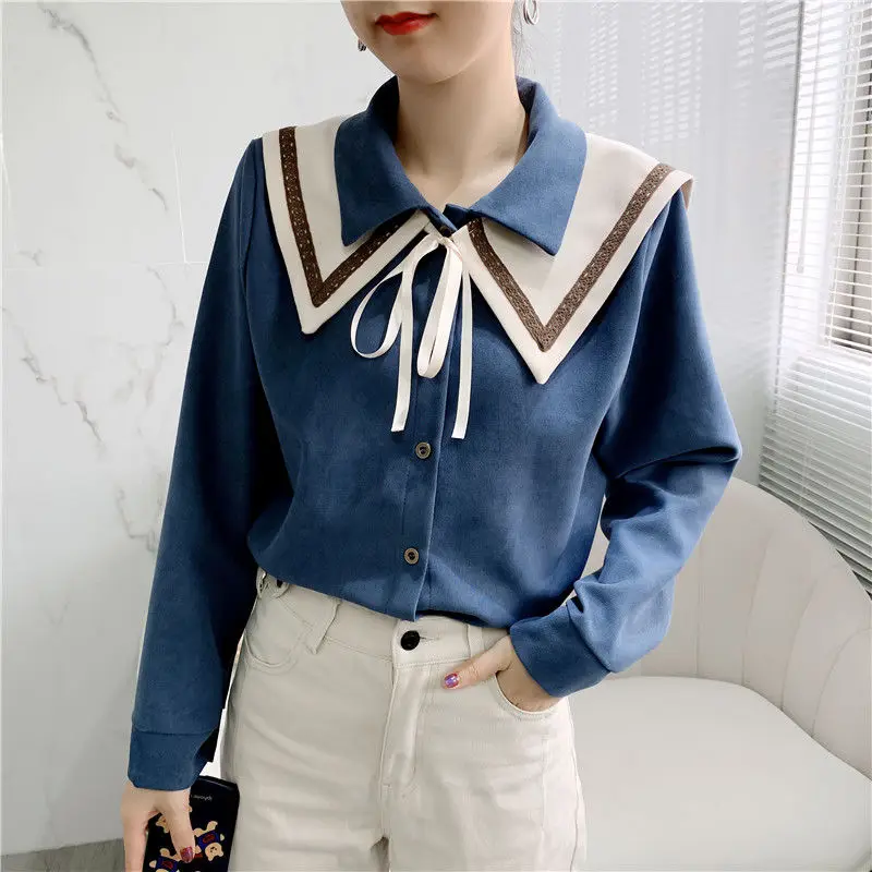 

2021 Spring Autumn Shirt Women Solid Single Breasted All-match Korean Style Students Loose High Quality Office Lady Blouses D13