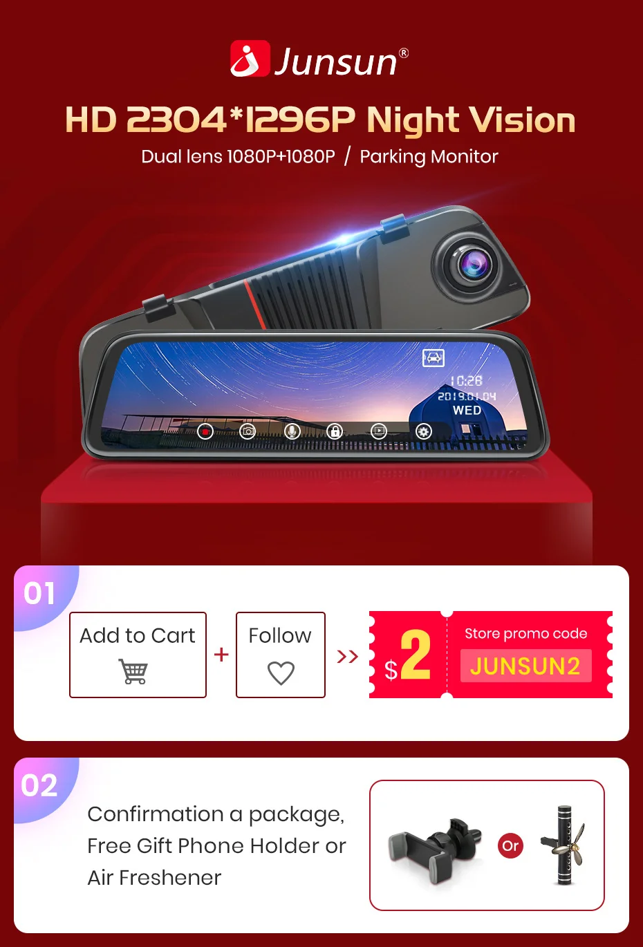 Junsun H16, новинка, технология 2.5D, FHD, 1296 P, поток, медиа, зеркало заднего вида, DVR, двойной объектив, тире, камера, 10 дюймов, ips, ночное видение, парковочный монитор