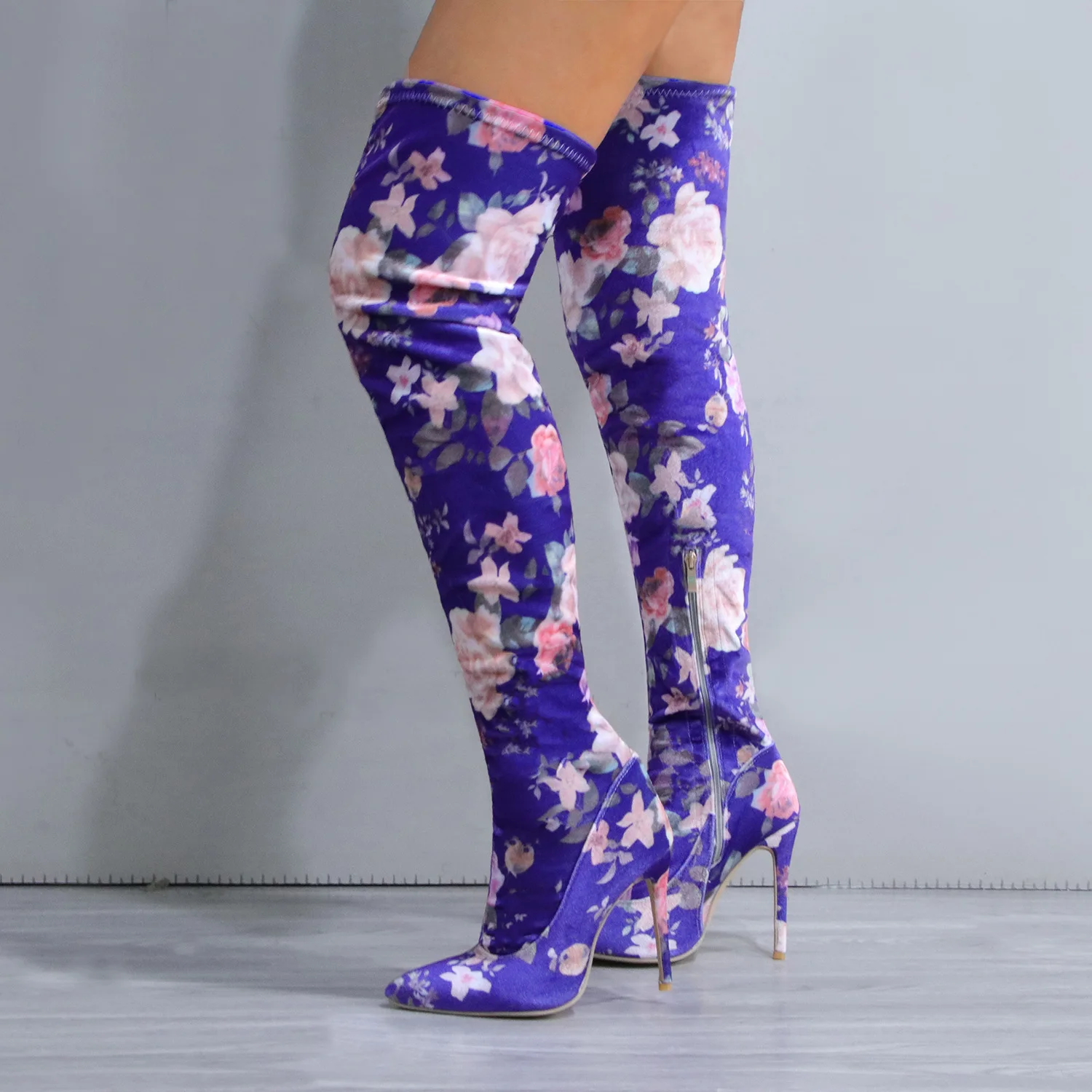 

Womens Pointed Toe Printed Floral Over The Knee Boots Stilettos High Heel Stretchy Shoes Long Sexy Ladies Plus Size SONDR