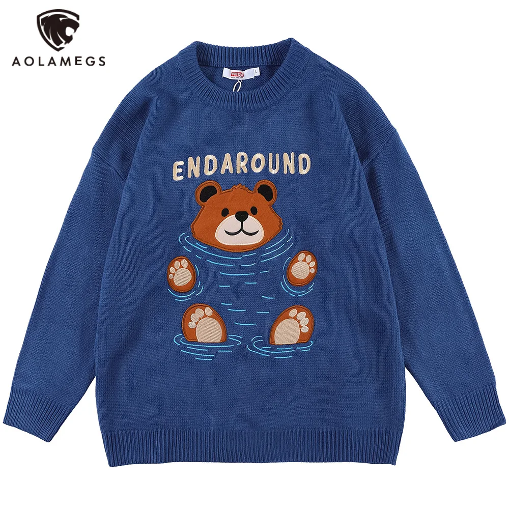 

Aolamegs Sweaters Men Embroidery Bear O-Neck Pullovers Hipster Japanese Style Retro Knitted Jumpers Soft Cozy Unisex Streetwear