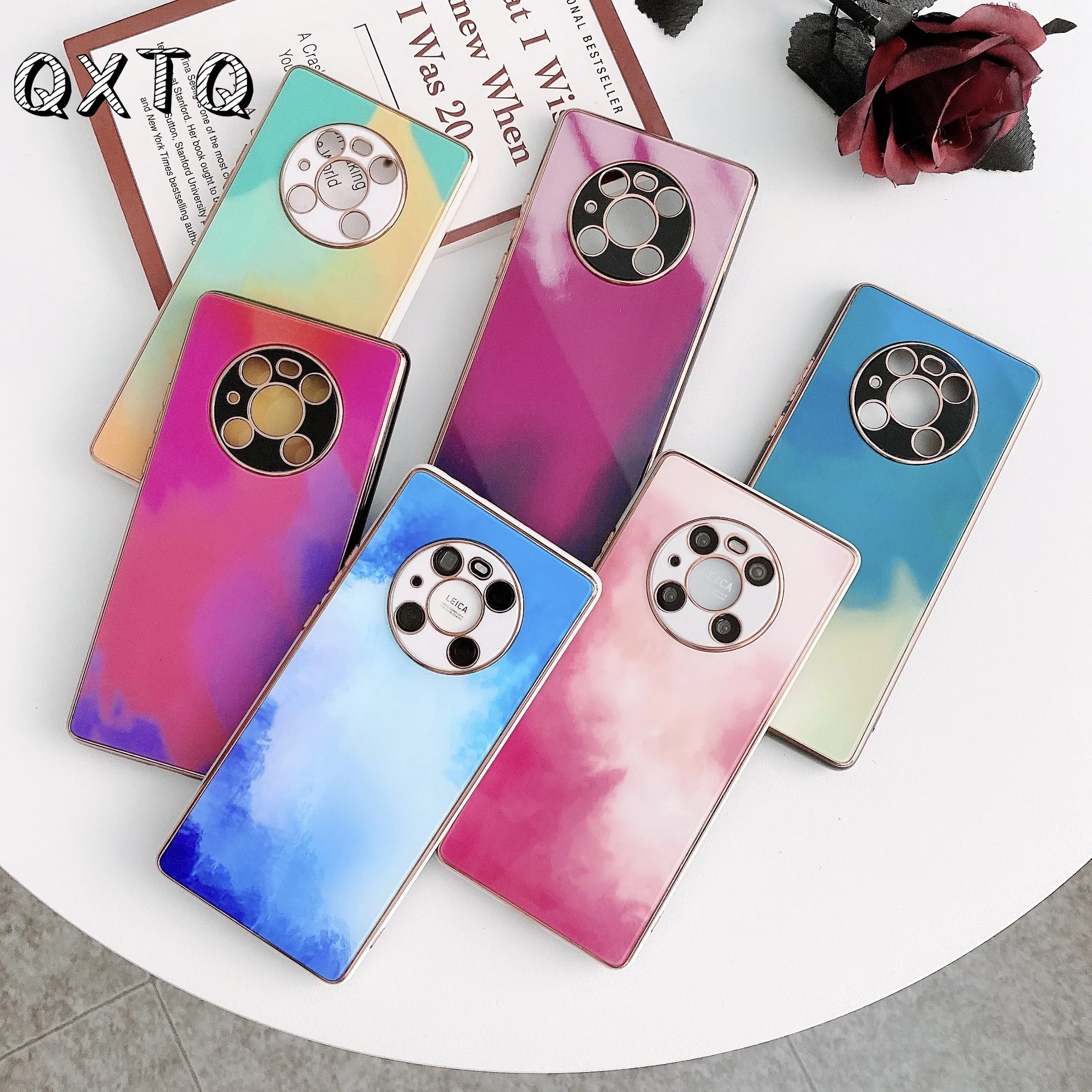 

QXTQ Watercolor Electroplated Glass Full Protective Cover Phone Case for Huawei Mate P 30 40 Pro Pro+