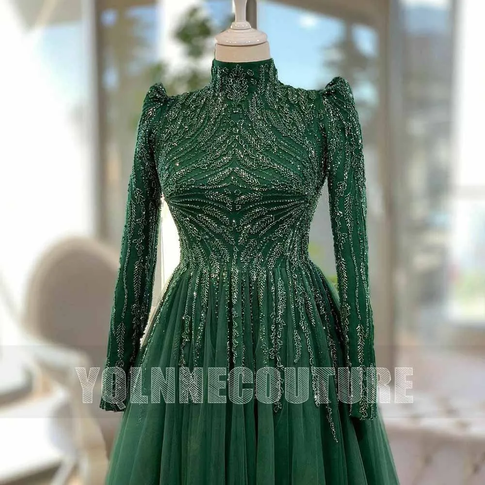 

YQLNNE Emerald Green Tulle Stones Long Sleeve Evening Dresses Dubai High Neck Tea-Length Beaded Formal Prom Gown Elegant