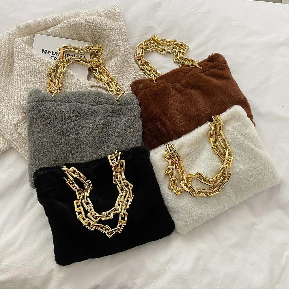 

Fashion Thick Chain Small Shoulder Handbags Vintage Plush Women Autumn Winter Underarm Bag Solid Color Casual Female Shoulder Ba